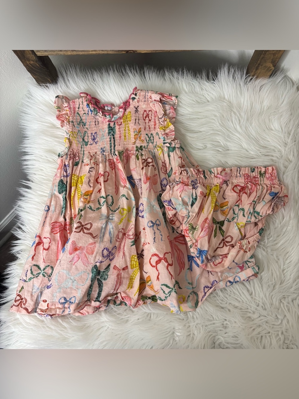 Pink Chicken Pink Bow Print Baby Dress with Bloomers Size 6/12M